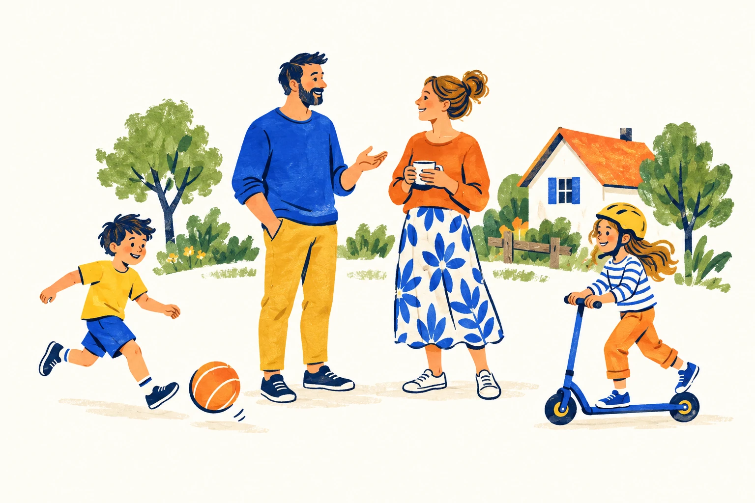 Gezeichnete Nachbarn plaudern, während Kinder mit Ball und Roller spielen